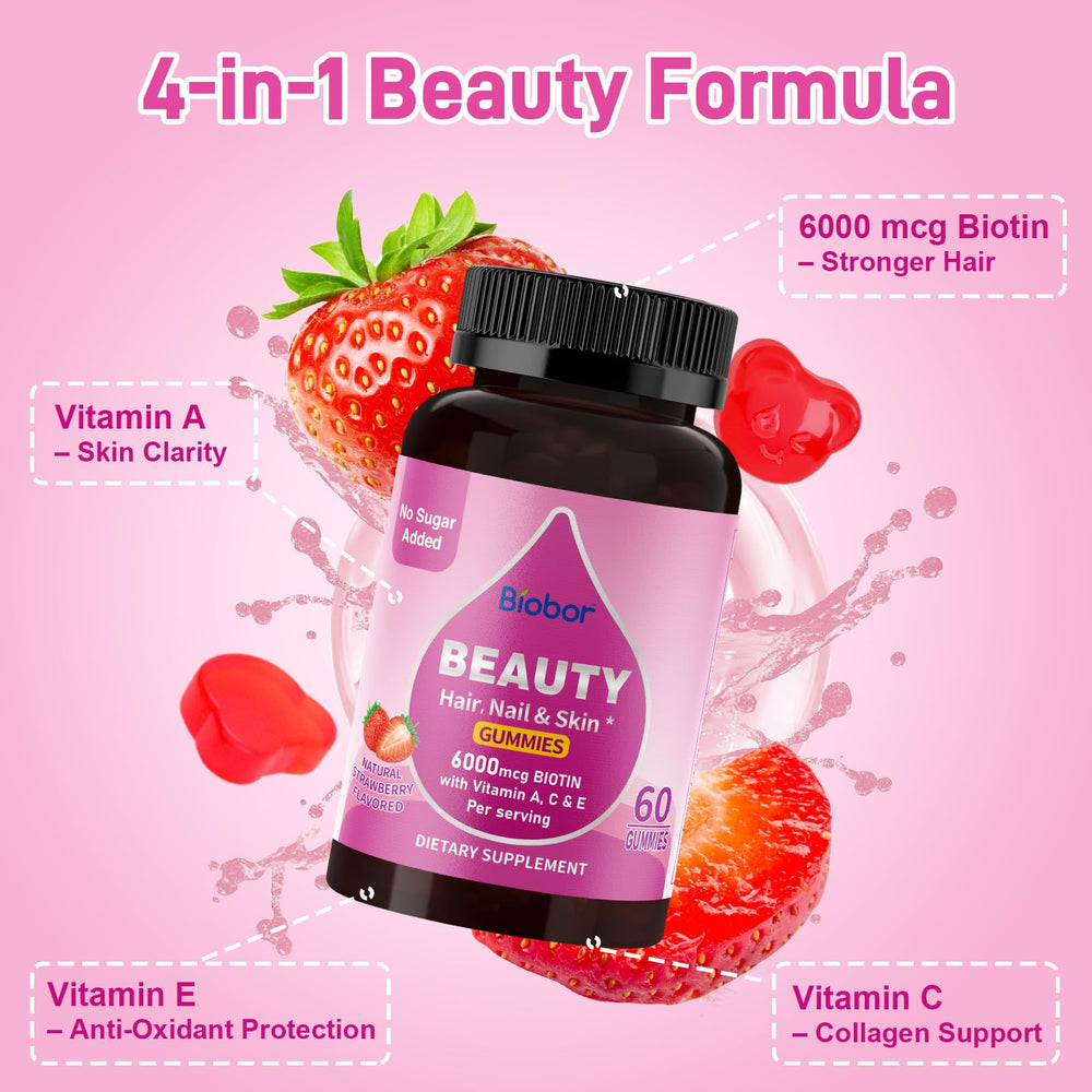 Front view of Biobor Beauty Gummies bottle with Biotin 6000mcg label
