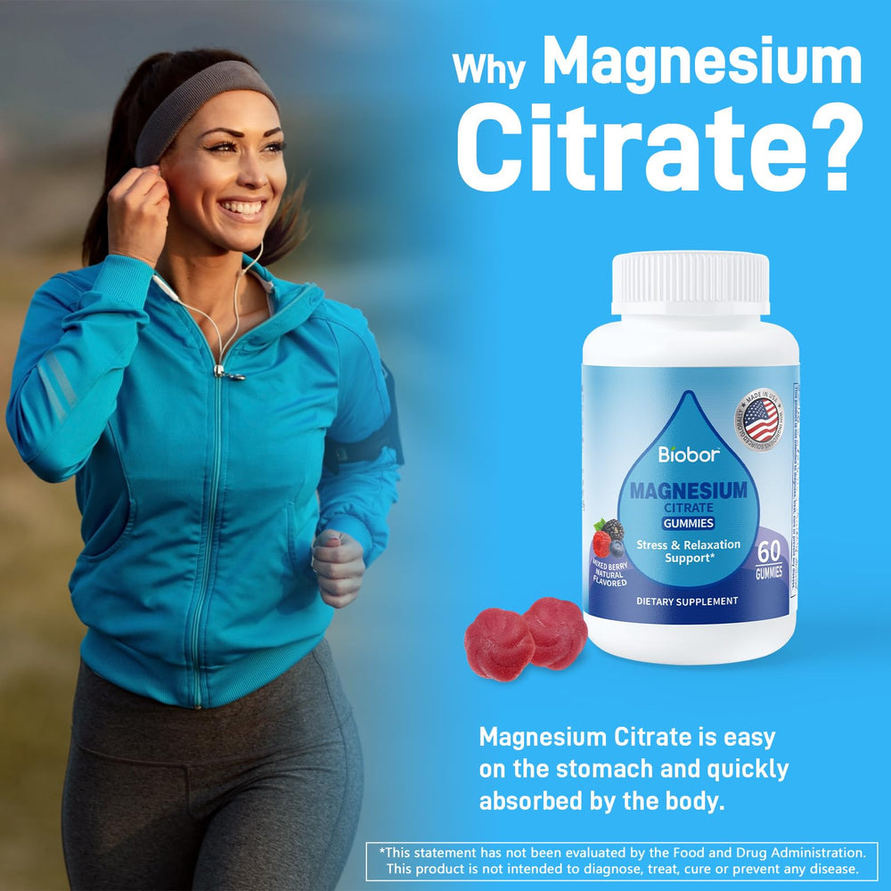 Biobor Magnesium Citrate Gummies 60-count bottle back with nutrition
