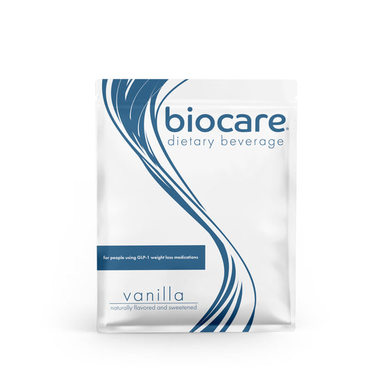 Bottle of Biocare GLP-1 nutritional beverage in vanilla flavor