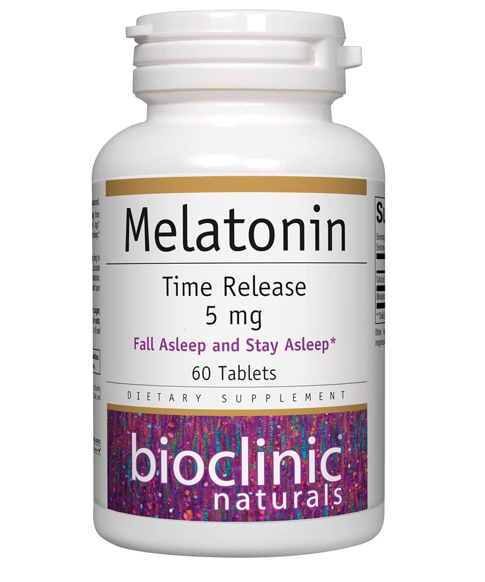 Bioclinic Naturals Melatonin Time Release bottle with 60 tablets on white