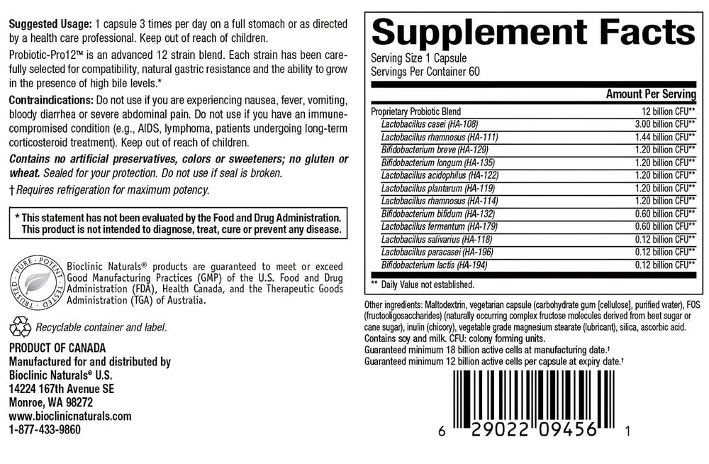 Packaging showing Probiotic-Pro 12 bottle with prebiotic FOS inulin and 60 vegetarian capsules