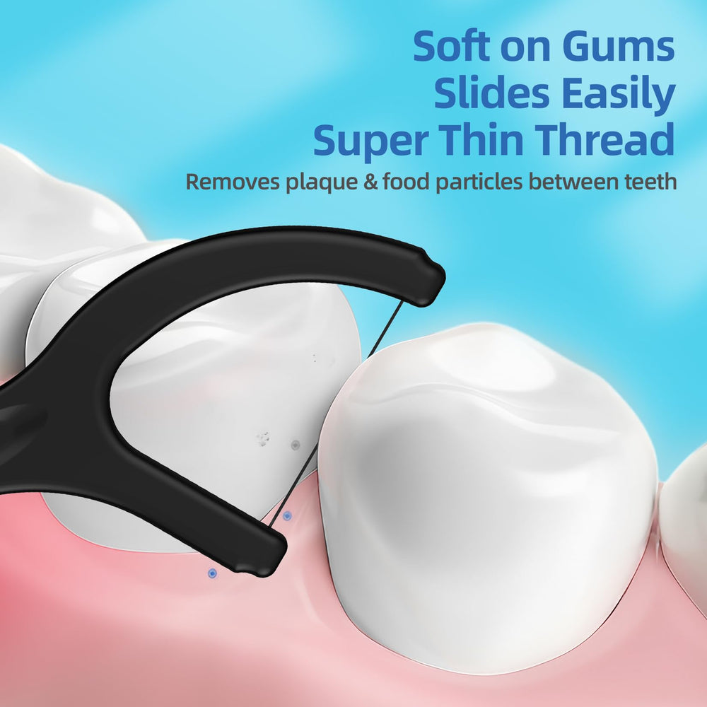 Floss picks cleaning between teeth to remove plaque
