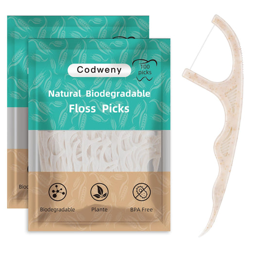 Main product photo of biodegradable dental floss picks with a vegan plant-based handle