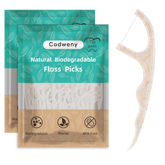 Main product photo of biodegradable dental floss picks with a vegan plant-based handle