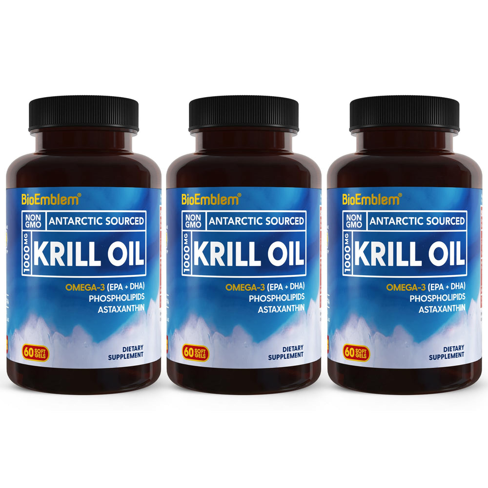 BioEmblem Antarctic Krill Oil 1000mg softgel bottle in 3-pack packaging