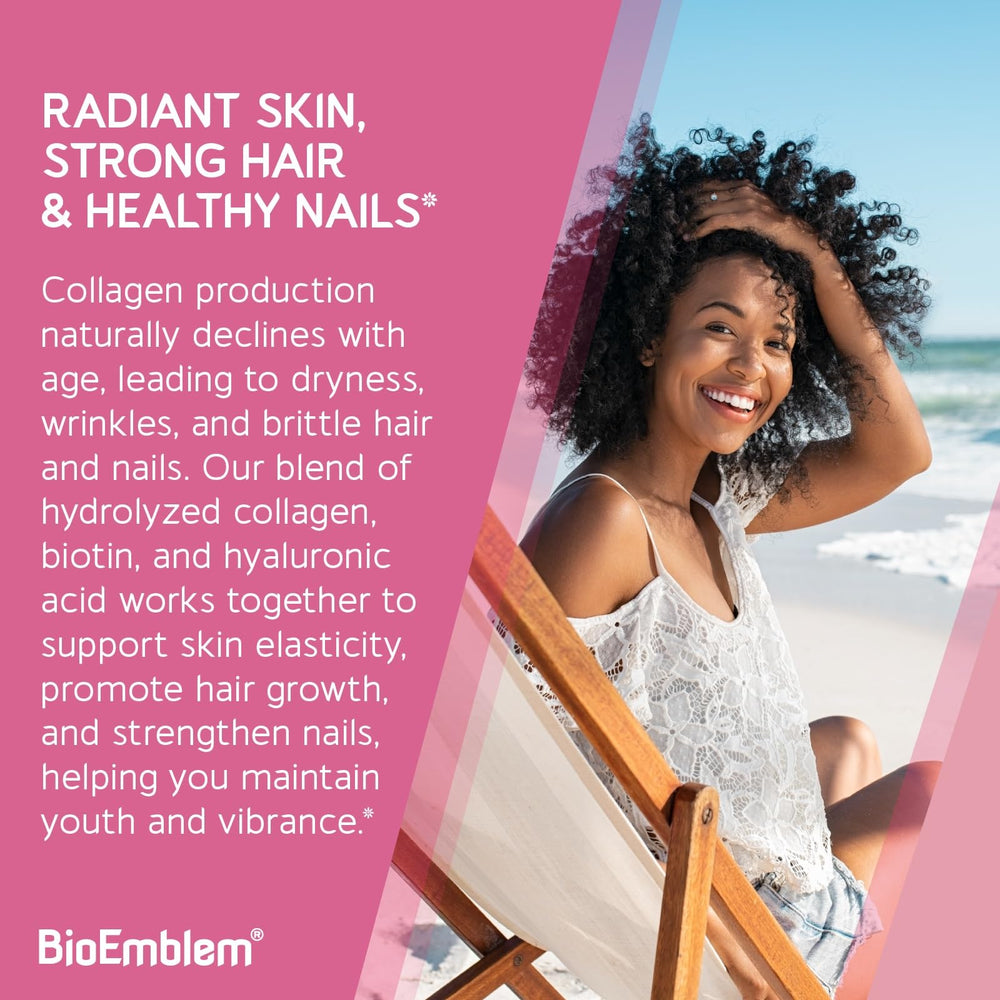 Ingredient blend showing collagen types I–X, hyaluronic acid, biotin and vitamin C