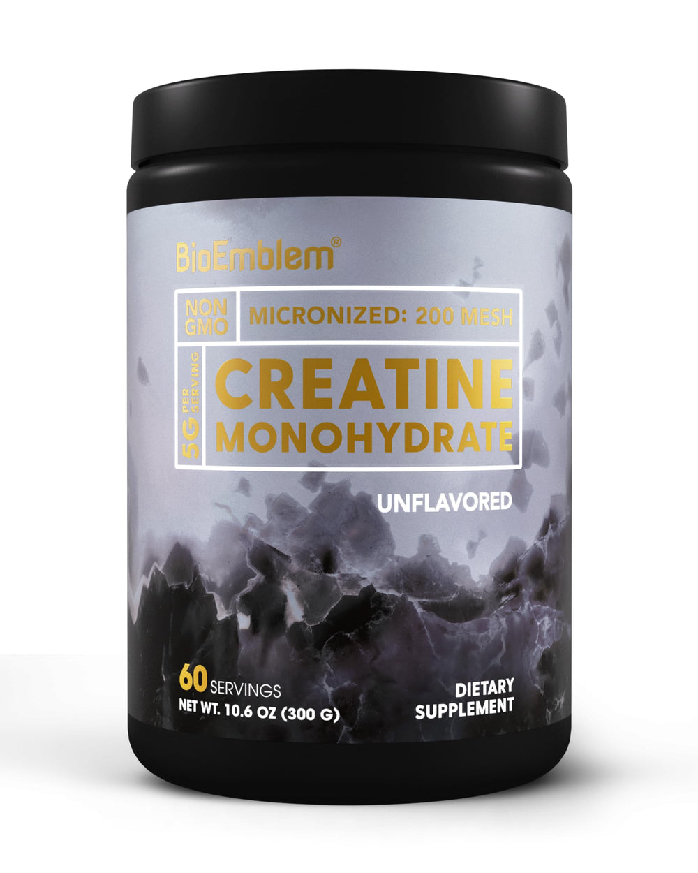 BioEmblem Creatine Monohydrate powder jar and scoop