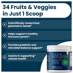 Ingredients include spirulina and spinach in the greens blend