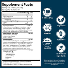 BIOHM Super Greens scoop resting on powder for convenient daily nutrition