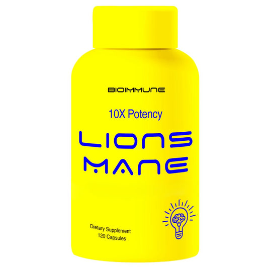 Bottle of BioImmune Lions Mane supplement capsules