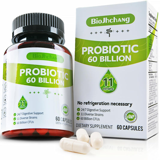 Hero image of BioJhchang Probiotics bottle showing 60 Billion CFUs and 11 strains