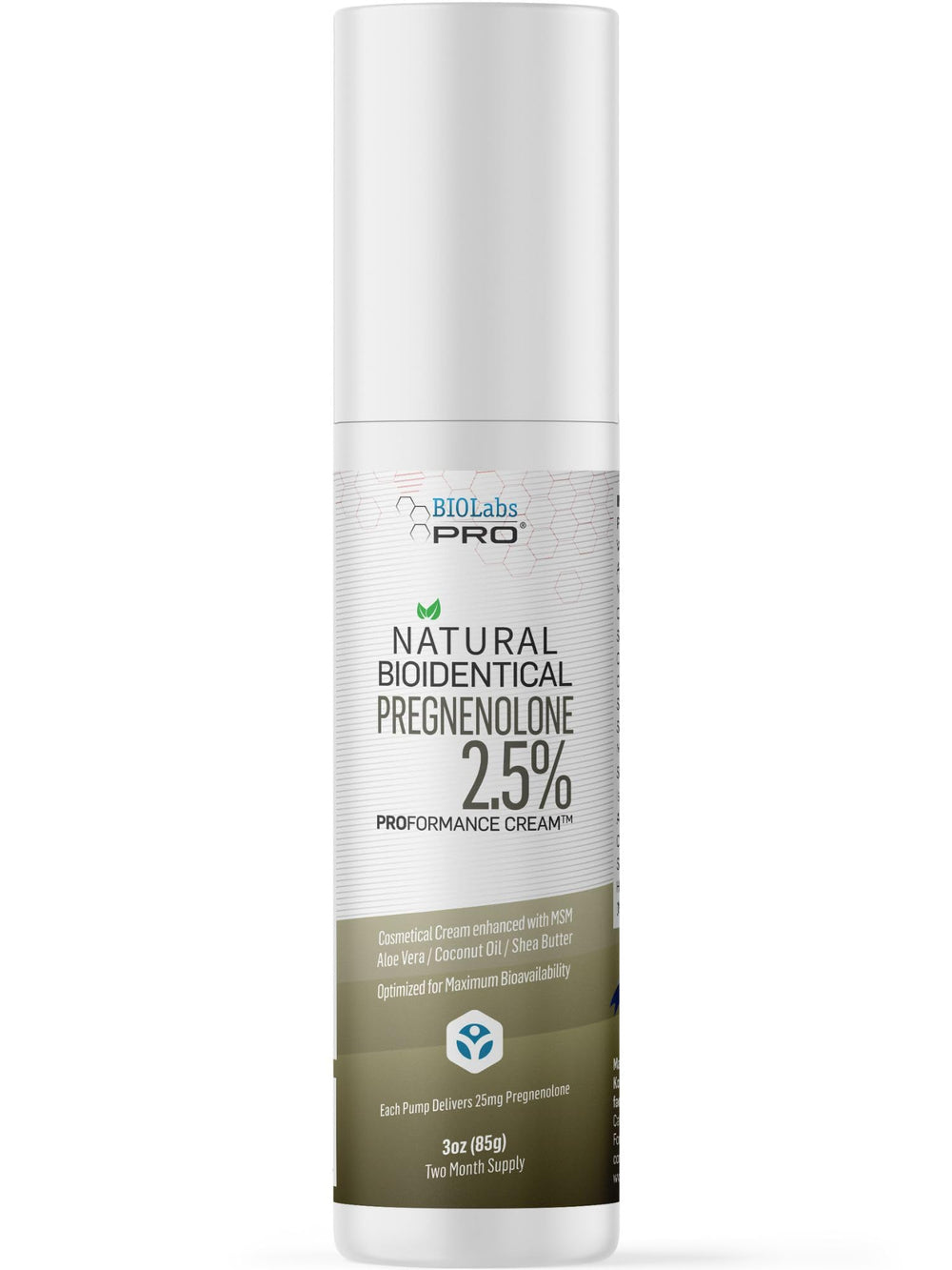 Biolabs Pro Pregnenolone Cream 2.5% Unscented 3oz bottle - front view