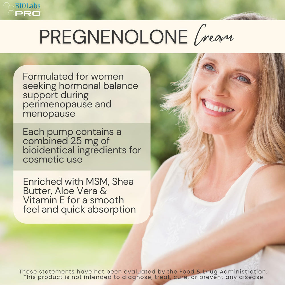 Close-up of Biolabs Pro Pregnenolone Cream label – 2.5% bioidentical