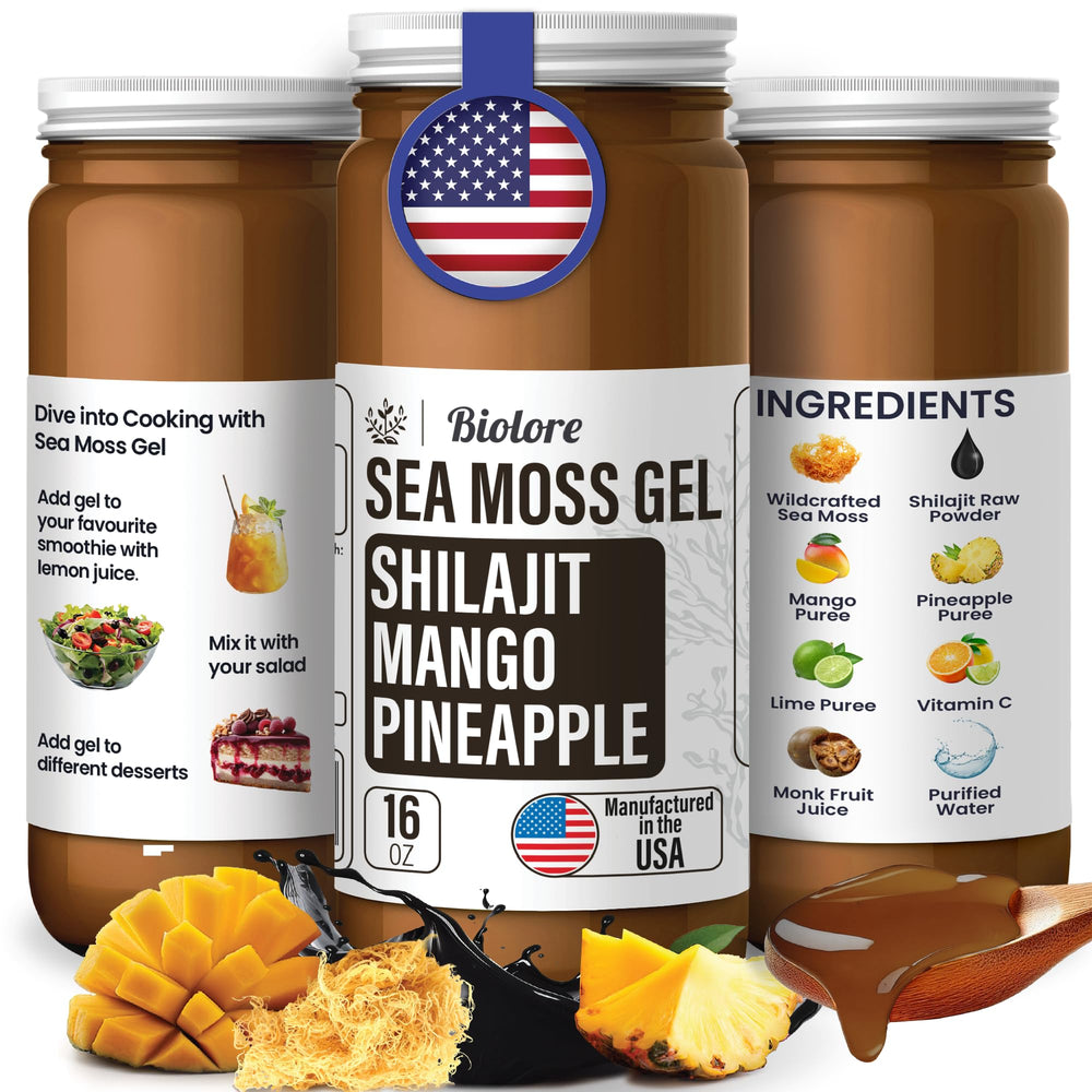 Biolore Sea Moss Gel with Shilajit Mango Pineapple 16 oz jar - front view