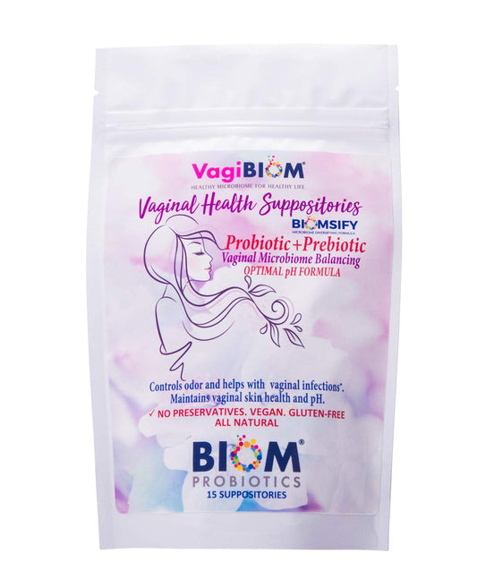 Biom Probiotics vaginal suppositories packaging offers a convenient, ready-to-use balance solution.