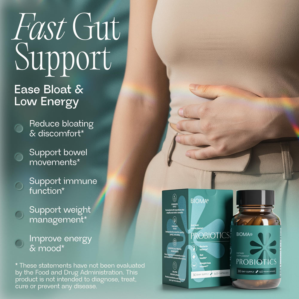 BIOMA Probiotics bottle and label demonstrating easy daily gut support
