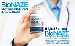 Bionaze bottle and water glass show easy two-per-day intake.