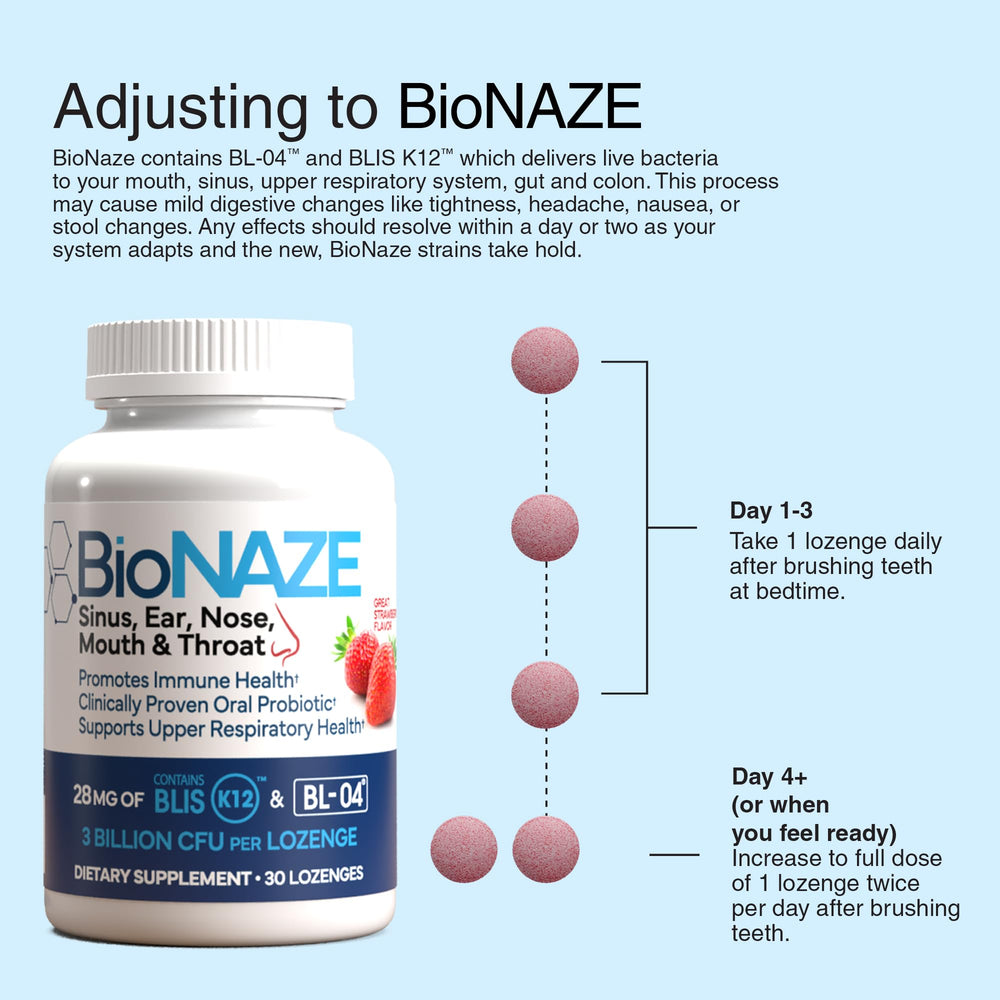 Bionaze packaging box highlighting two-probiotic formula for upper respiratory wellness.