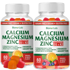 Bottle of BionerLab Calcium Magnesium Zinc Gummies with orange and berry flavor