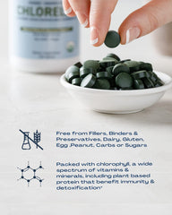 Vegan and Non-GMO icons beside chlorella tablets