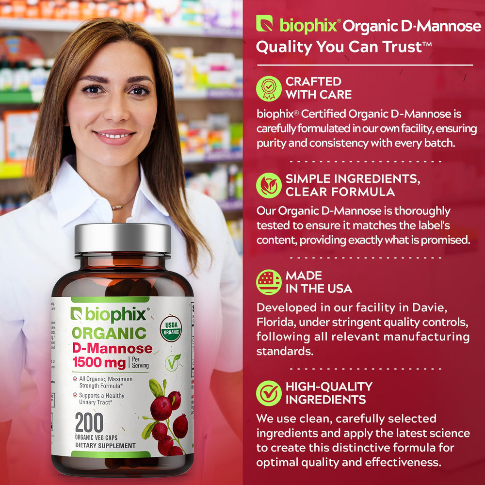 Two veggie capsules shown beside Biophix D-Mannose bottle