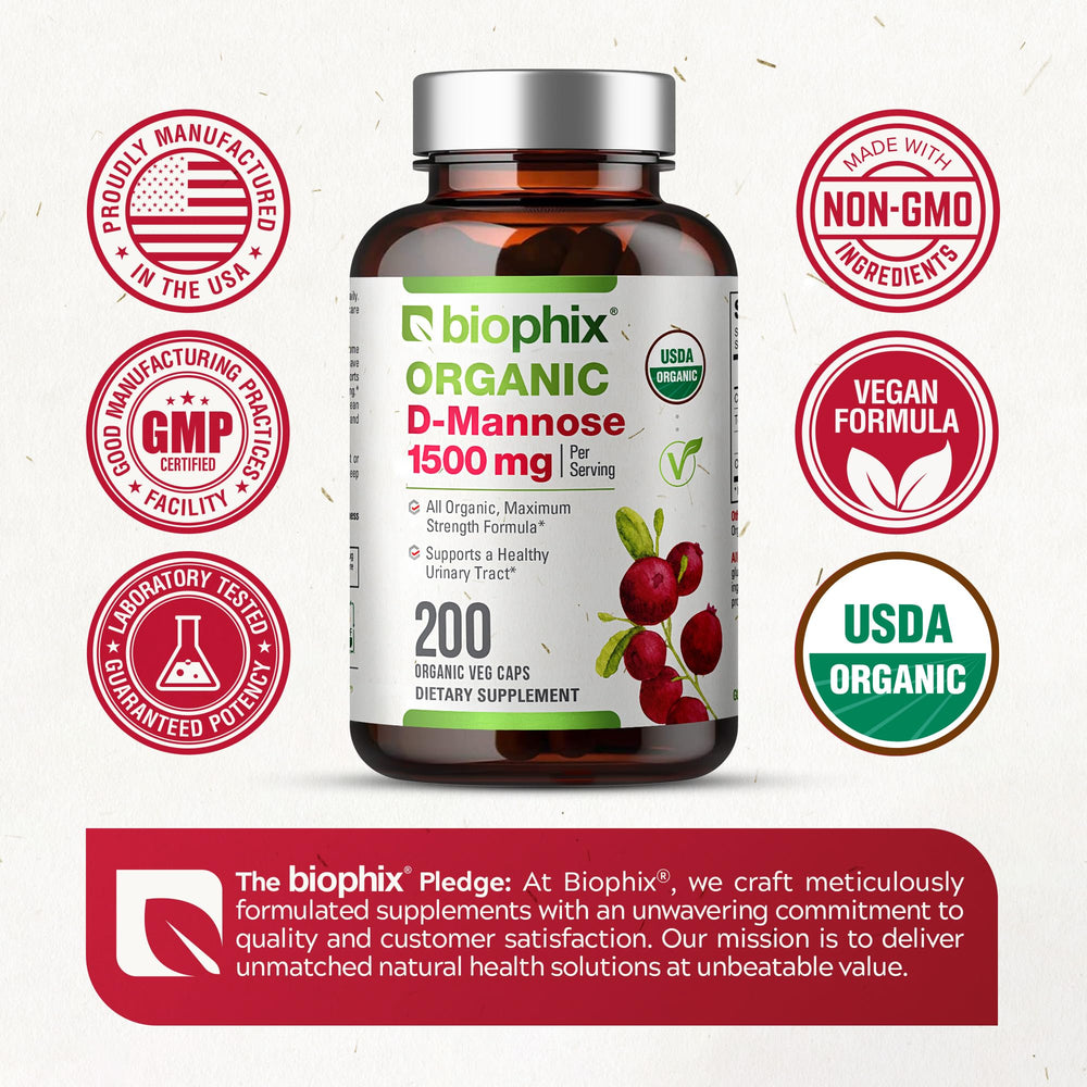 Ingredients panel of Biophix D-Mannose bottle
