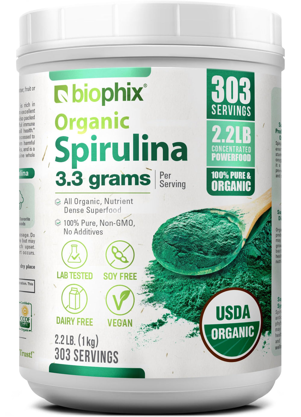 Front view of Biophix Organic Spirulina Powder 2.2 Lbs