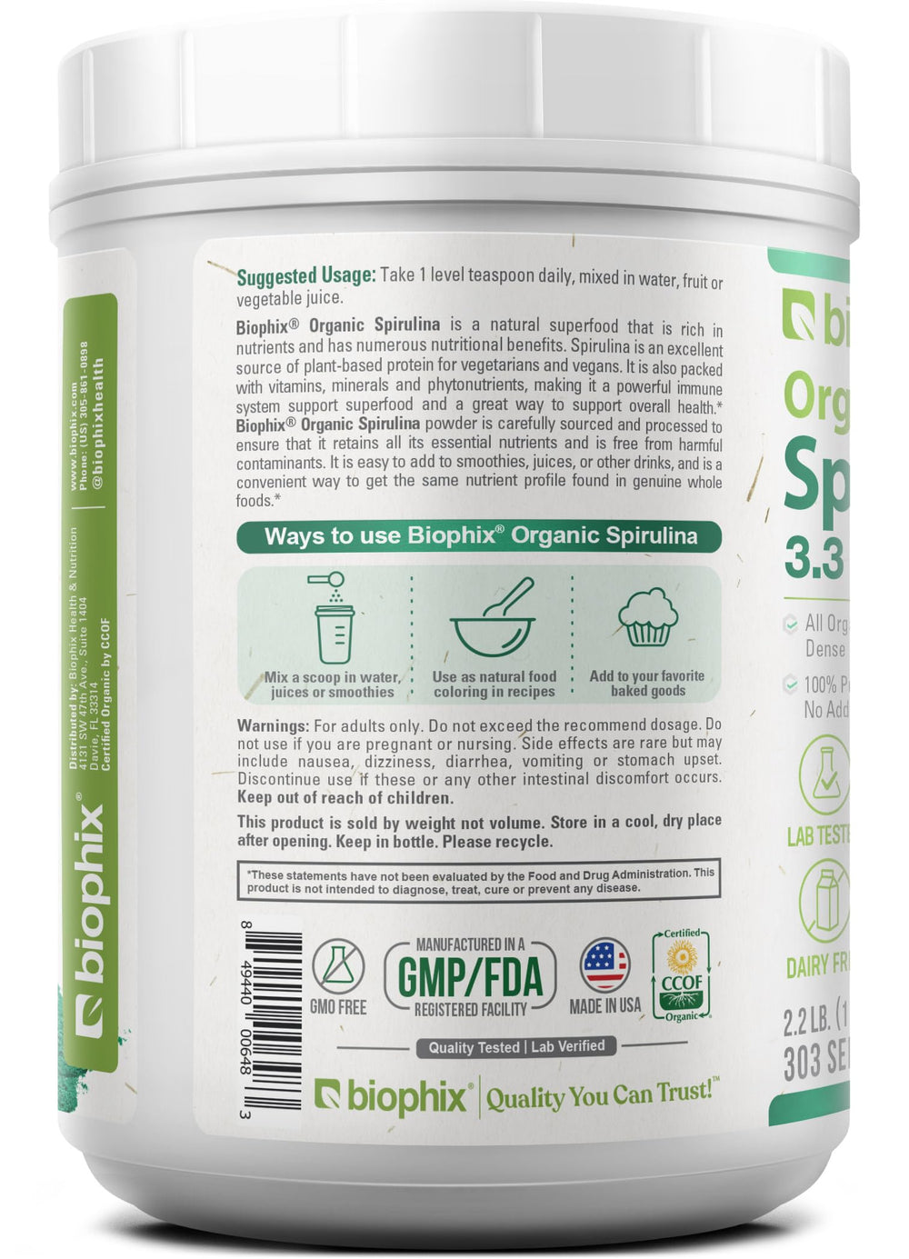 Packaging and product certifications for Biophix Spirulina Powder