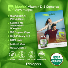 Two Biophix Vitamin D-3 capsules on white background