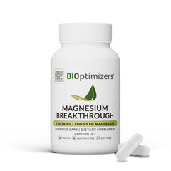 Front view of BiOptimizers Magnesium Breakthrough Complex bottle featuring seven forms of magnesium.