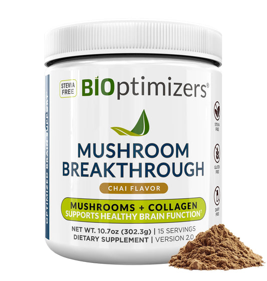 Product shot of BIOptimizers mushroom coffee alternative in chai flavor with Lion’s Mane, Chaga, and Reishi