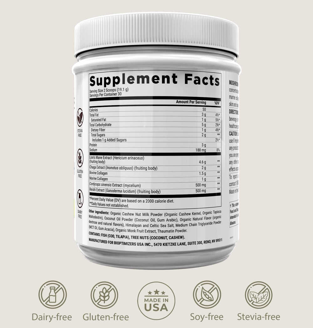 Nutrition label and supplement facts for BIOptimizers Mushroom Coffee Alternative