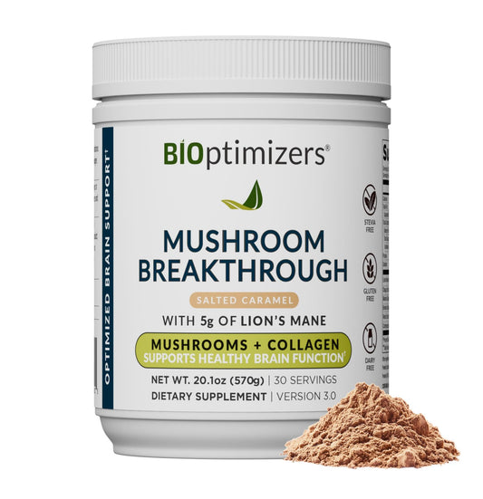 BIOptimizers Mushroom Coffee Alternative Salted Caramel packaging with 30 servings