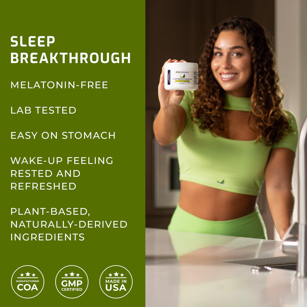 BIOptimizers Sleep Breakthrough bottle front supports a melatonin-free sleep option.
