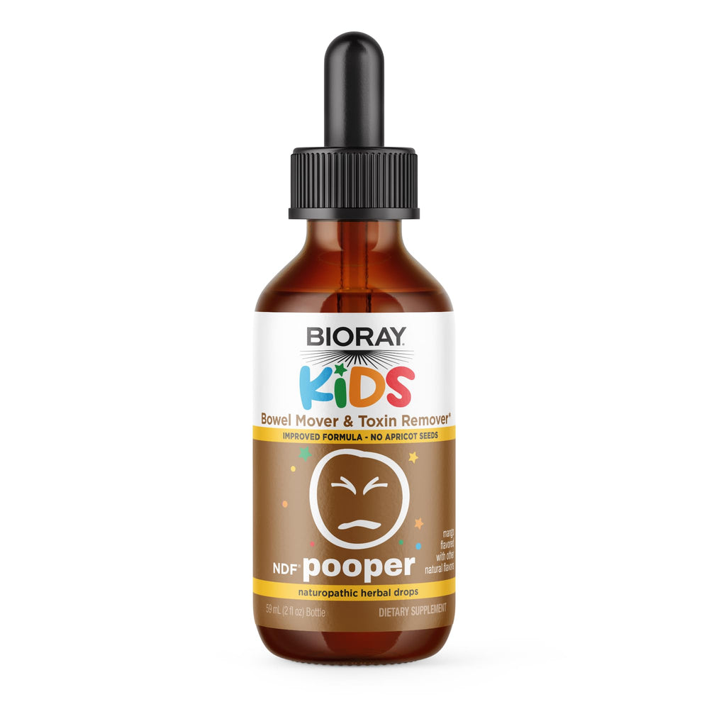 BIORAY Kids NDF Pooper bottle with mango flavor for gentle bowel support.