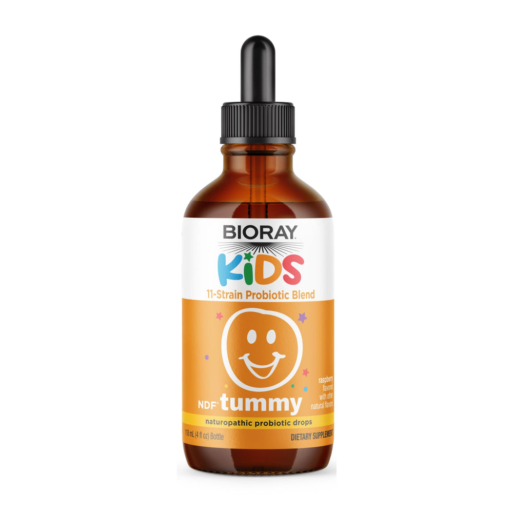 BIORAY Kids NDF Tummy Raspberry bottle pour for easy daily dosing and gut support.