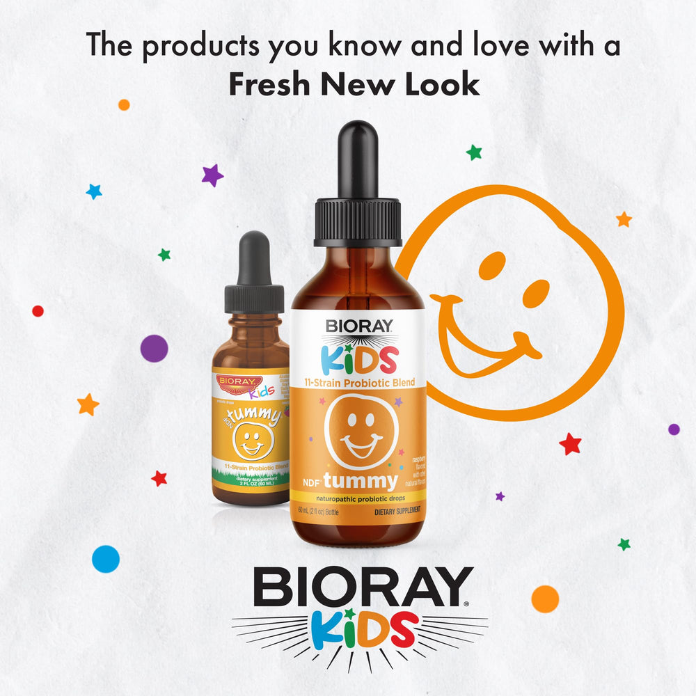 BIORAY Kids NDF Tummy ingredients panel shows NDF and probiotic blend.