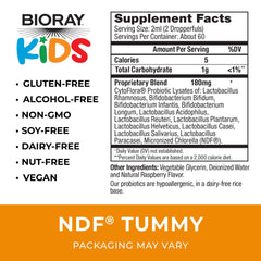 BIORAY Kids NDF Tummy Raspberry label close-up with ingredients and dietary notes.