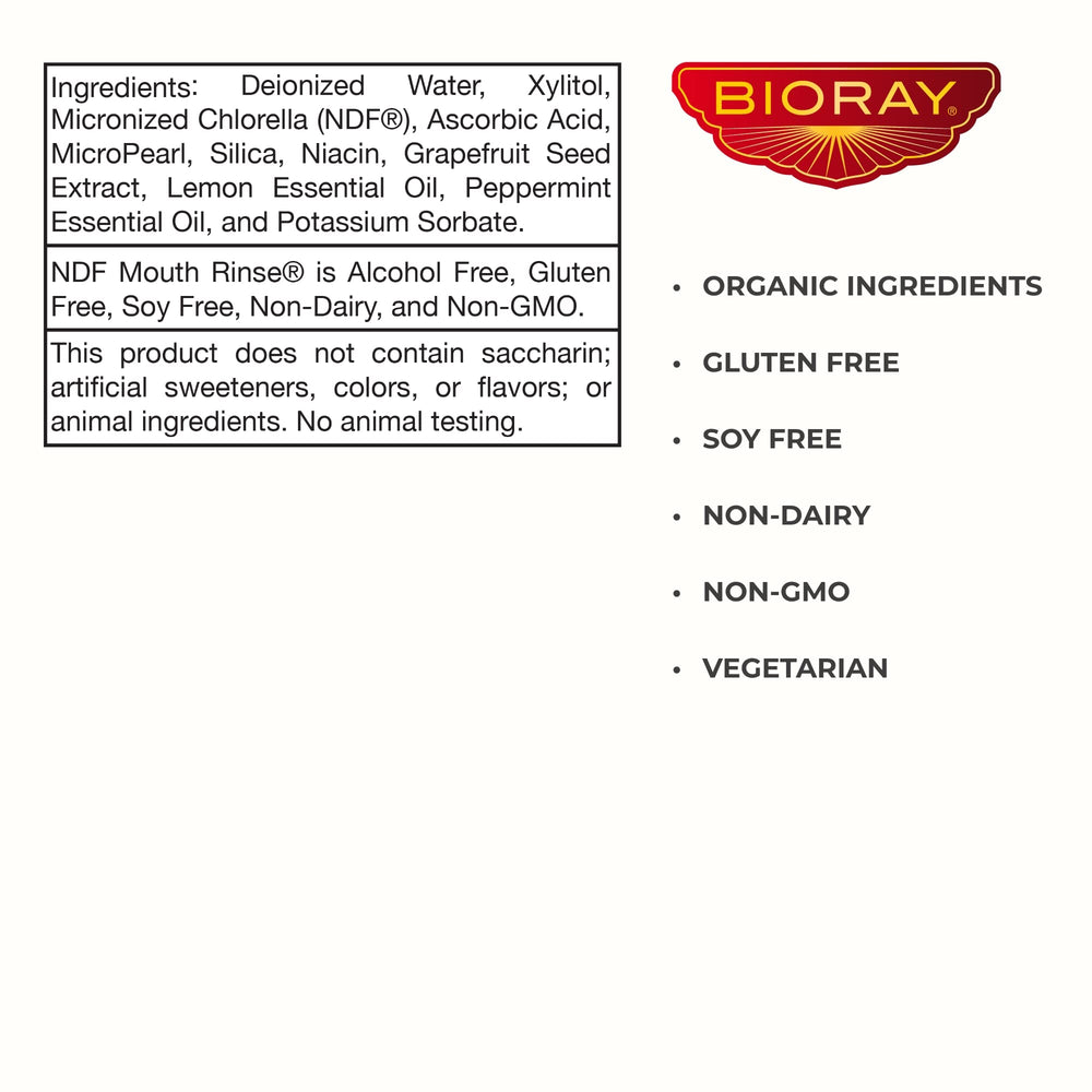 Pouring BIORAY NDF Mouth Rinse into a measuring cup