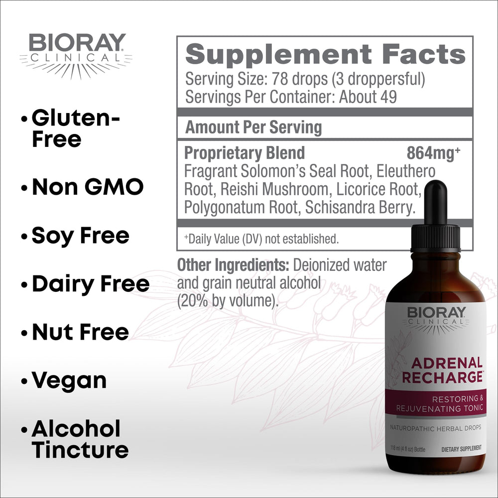 Close-up of BIORAY Adrenal Recharge bottle with dropper