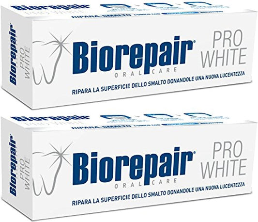 Front view of Biorepair Pro White toothpaste tubes (2 x 75ml)