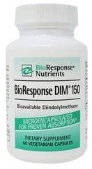BioResponse DIM bottle close-up showing microencapsulated formula for potential hormonal balance support