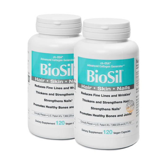 Front view of Biosil 120 vegan capsules in a 2-pack