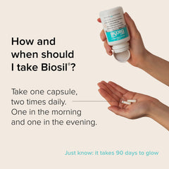 Biosil capsules next to a glass of water showing collagen support for hair, skin, and nails