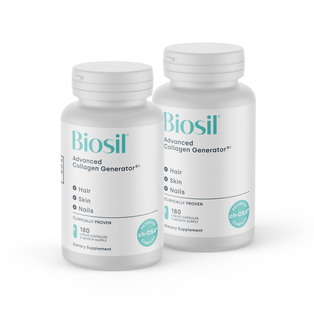 Biosil Collagen Booster 2-pack bottle with 180 liquid capsules on white background