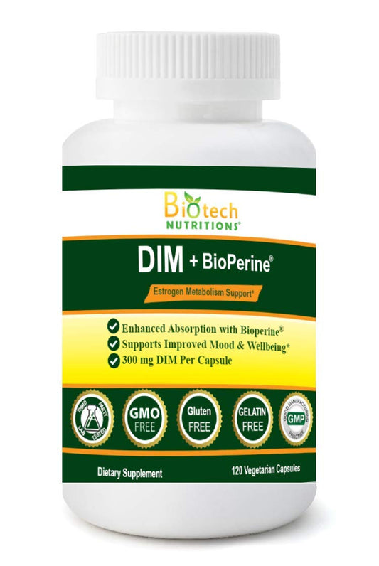 Biotech Nutrition DIM supplement bottle with 120 vegetable capsules