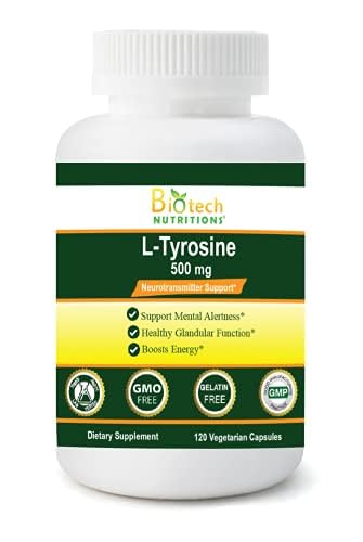 Front view of Biotech Nutritions L-Tyrosine 500 mg bottle with 120 veggie capsules