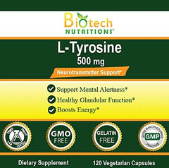 Ingredients and supplement facts for L-Tyrosine 500 mg veggie capsules