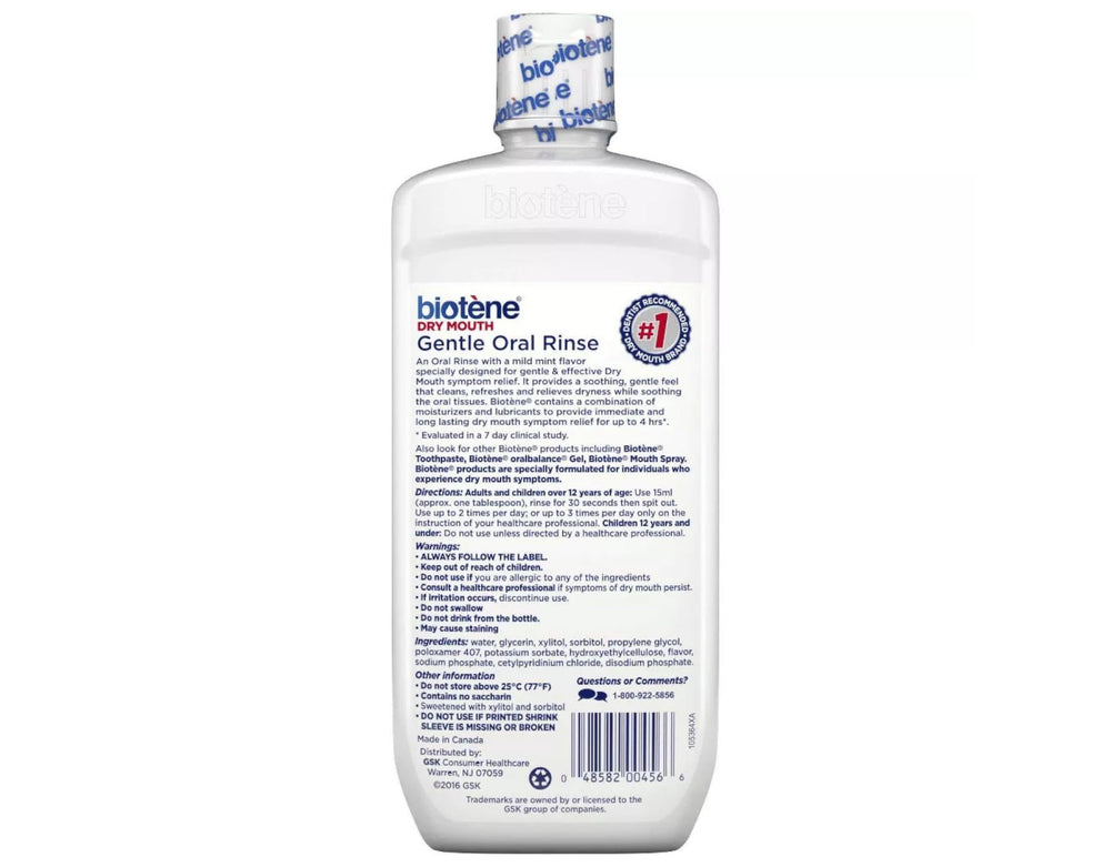 Close-up of Biotene Moisturizing Oral Rinse Mild Mint 16 oz bottle with packaging variations