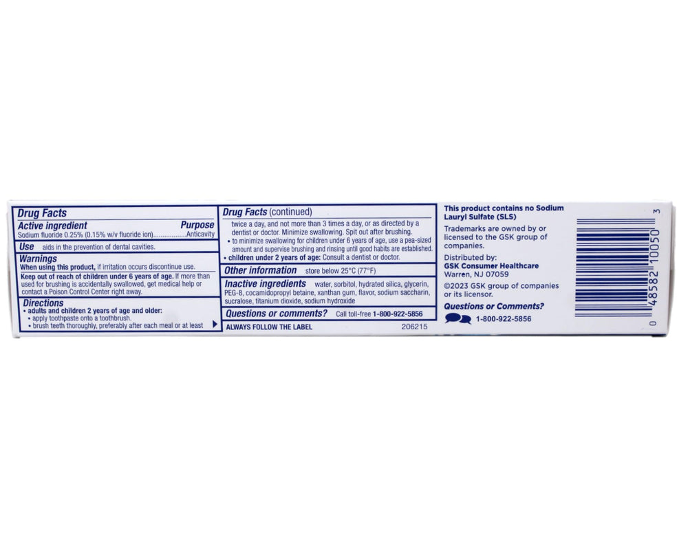 Back packaging of Biotene Fresh Mint toothpaste